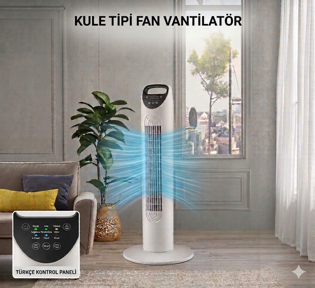 Smayling 80 cm sessiz kule vantilatör, uzaktan kumandalı, 3 hız ve salınım fonksiyonlarıyla taşınabilir.