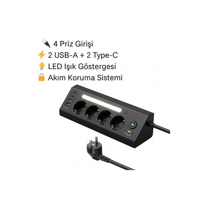 Smmayling akım korumalı 4’lü priz, USB ve LED göstergeli, elektrik koruma ve çoklu priz kullanımı için tasarlanmış.