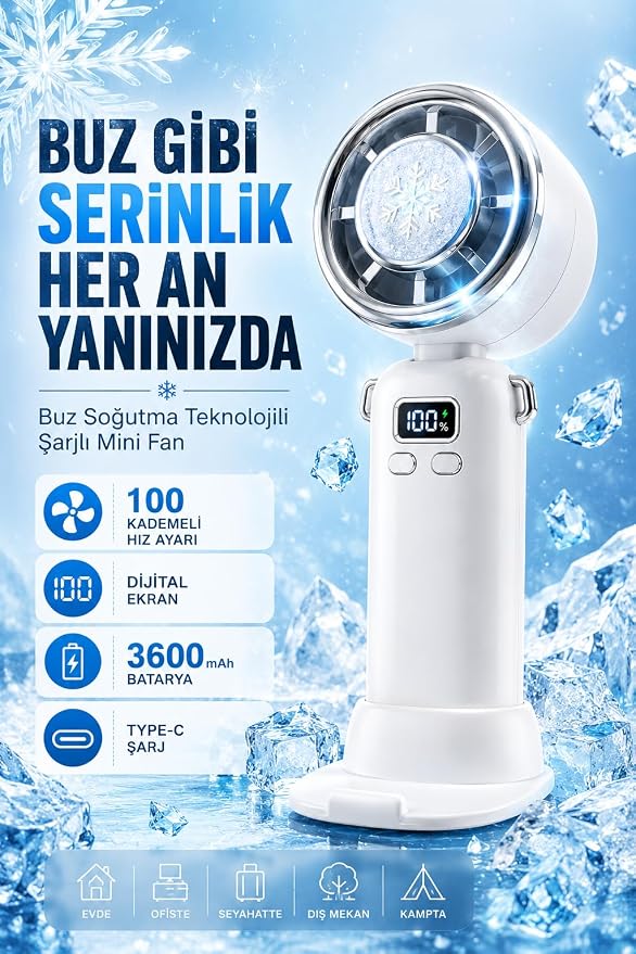 Taşınabilir Şarj Edilebilir Masaüstü Vantilatör | 3600 mAh, 100 Kademe, Type-C, Dijital Ekranlı Mini Fan