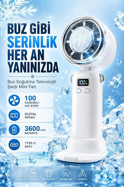 Taşınabilir Şarj Edilebilir Masaüstü Vantilatör | 3600 mAh, 100 Kademe, Type-C, Dijital Ekranlı Mini Fan