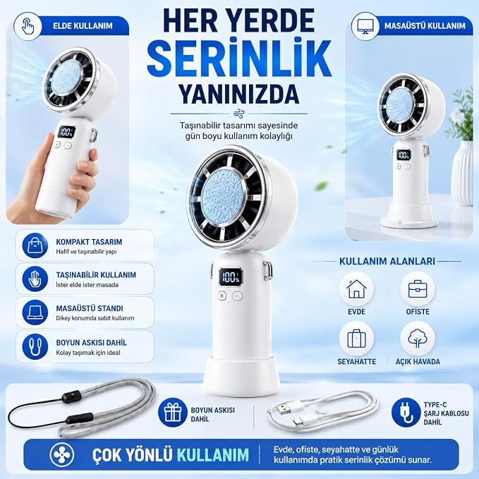 Taşınabilir Şarj Edilebilir Masaüstü Vantilatör | 3600 mAh, 100 Kademe, Type-C, Dijital Ekranlı Mini Fan