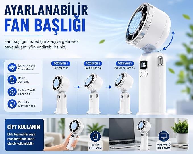 Taşınabilir Şarj Edilebilir Masaüstü Vantilatör | 3600 mAh, 100 Kademe, Type-C, Dijital Ekranlı Mini Fan