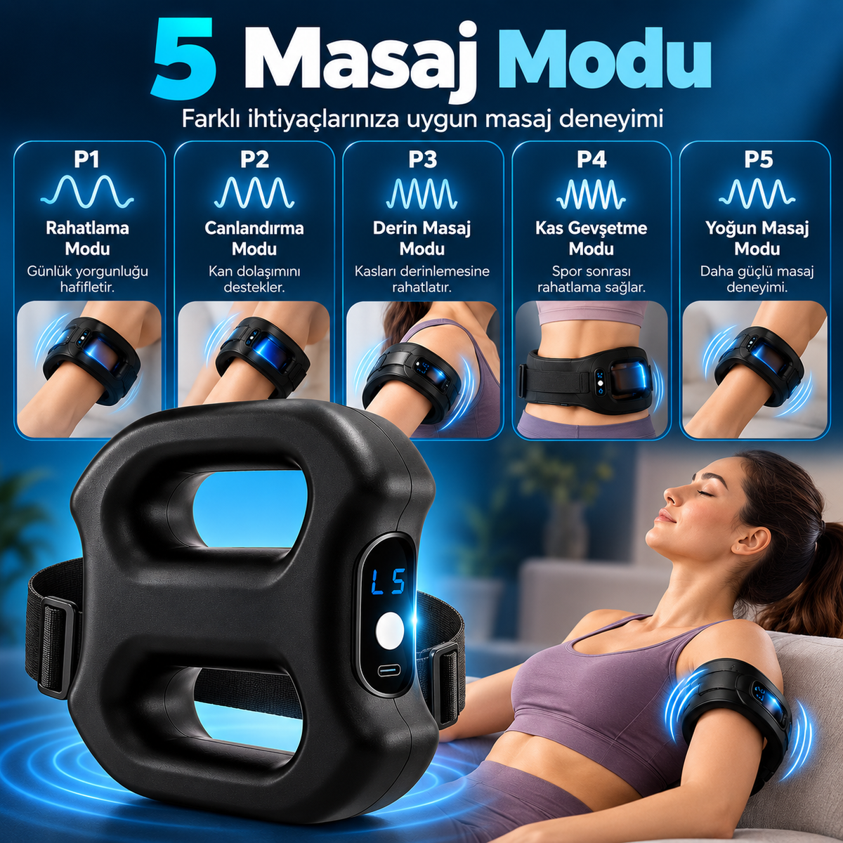 Şarjlı Masaj Kemeri – 5 Masaj Modu, Ayarlanabilir Hız, USB-C Şarjlı