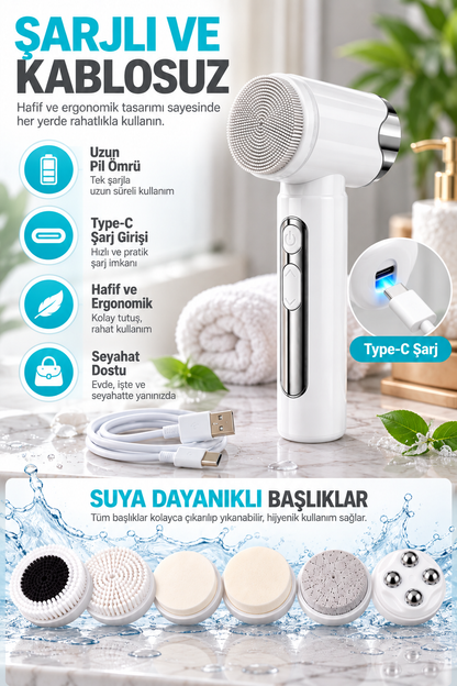 Şarjlı Elektrikli Yüz Temizleme Cihazı 6 Başlıklı 15 Kademeli Cilt Bakım ve Masaj Aleti
