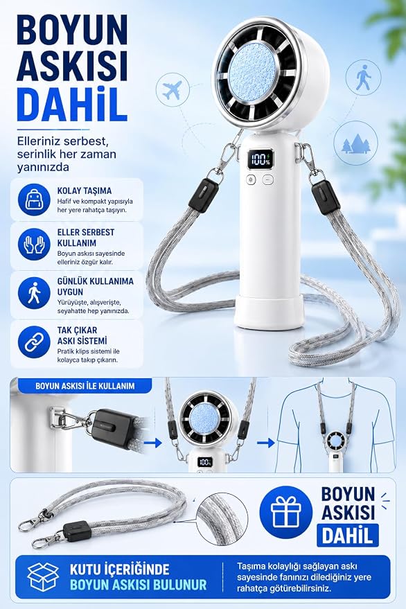 Taşınabilir Şarj Edilebilir Masaüstü Vantilatör | 3600 mAh, 100 Kademe, Type-C, Dijital Ekranlı Mini Fan
