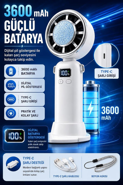 Taşınabilir Şarj Edilebilir Masaüstü Vantilatör | 3600 mAh, 100 Kademe, Type-C, Dijital Ekranlı Mini Fan