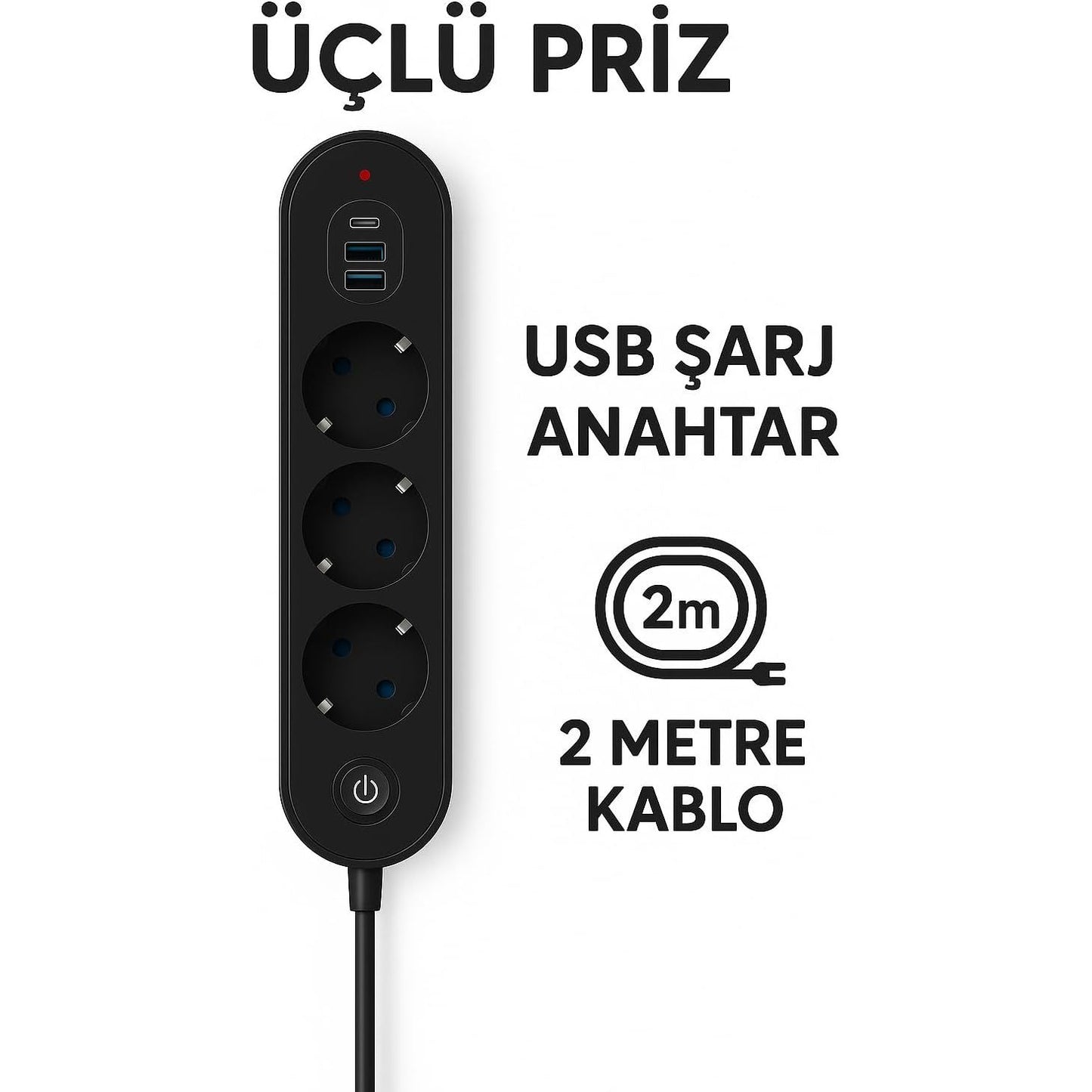 Smmayling termal akım korumalı 3’lü priz, 2 USB ve Type-C portlarıyla elektrikli cihazlar için güvenli bağlantı