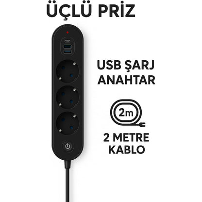 Smmayling termal akım korumalı 3’lü priz, 2 USB ve Type-C portlarıyla elektrikli cihazlar için güvenli bağlantı