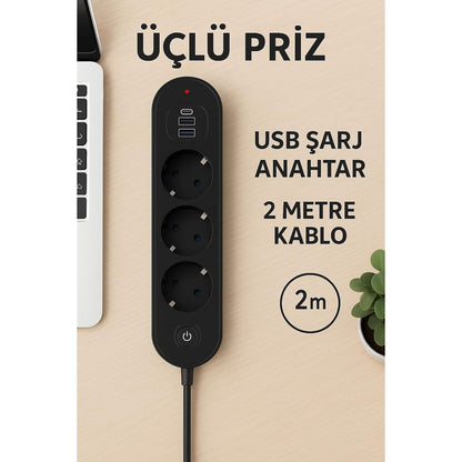 Smmayling termal akım korumalı 3’lü priz, 2 USB ve 1 Type-C çıkışıyla elektrik koruma ve şarj sağlayan ürün.