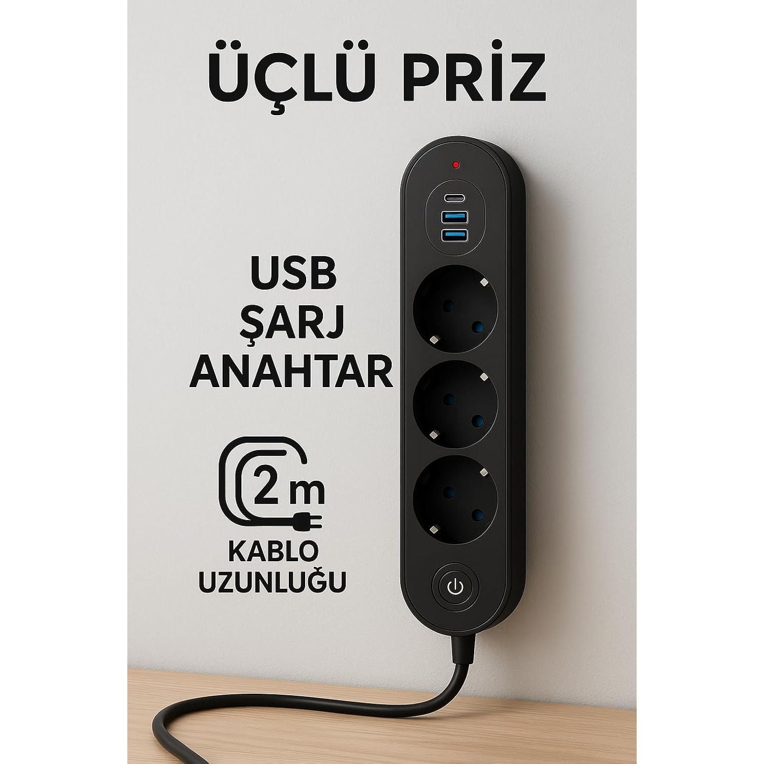 Smmayling termal akım korumalı 3’lü priz, 2 USB ve 1 Type-C çıkışlı, güvenli elektrik prizi görüntüsü
