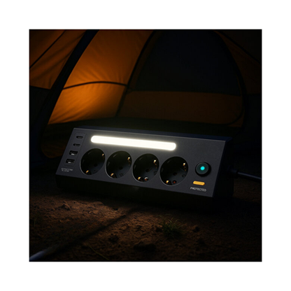 Smmayling akım korumalı 4’lü priz, USB portları ve LED göstergesi ile elektrik koruma cihazı.
