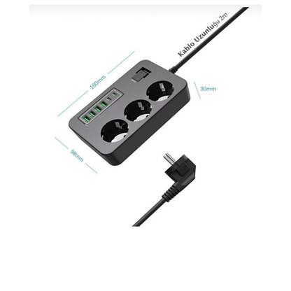 Smmayling akım korumalı 3’lü priz, 6 USB portu ve çocuk koruma özellikleriyle elektrik prizi görüntüsü
