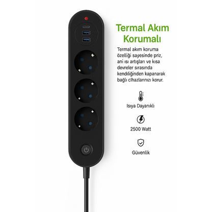 Smmayling termal akım korumalı 3’lü priz, 2 USB ve Type-C portlarıyla elektrik koruma ve şarj imkanları sağlar
