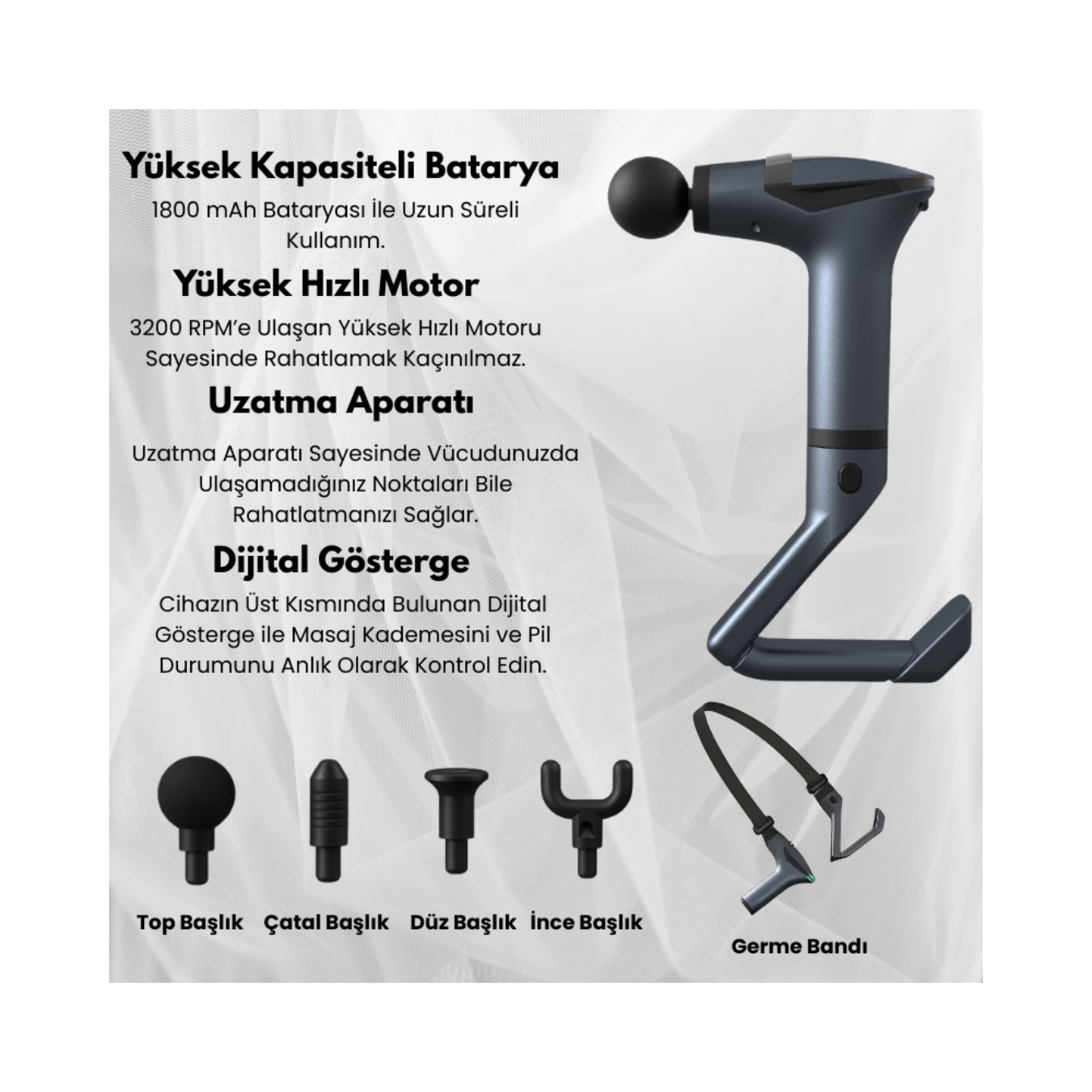 Smmayling şarjlı darbeli masaj tabancası, ergonomik tasarım ve çeşitli masaj başlıklarıyla kas rahatlatıcı ürün.
