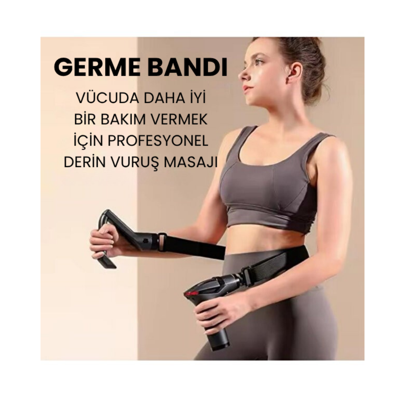 Smmayling şarjlı darbeli masaj tabancasının siyah ve ergonomik tasarımı, masaj başlıklarıyla birlikte gösteriliyor.