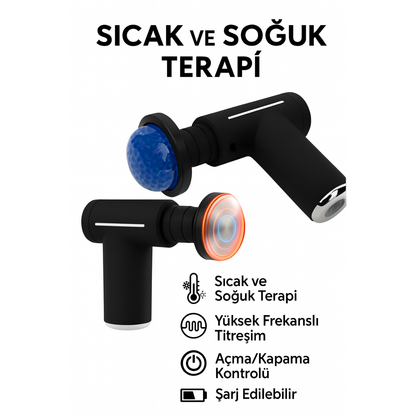 Smmayling sıcak ve soğuk masaj tabancası, ergonomik tasarım ve farklı başlıklarla kas rahatlatma ve gevşeme amaçlı.