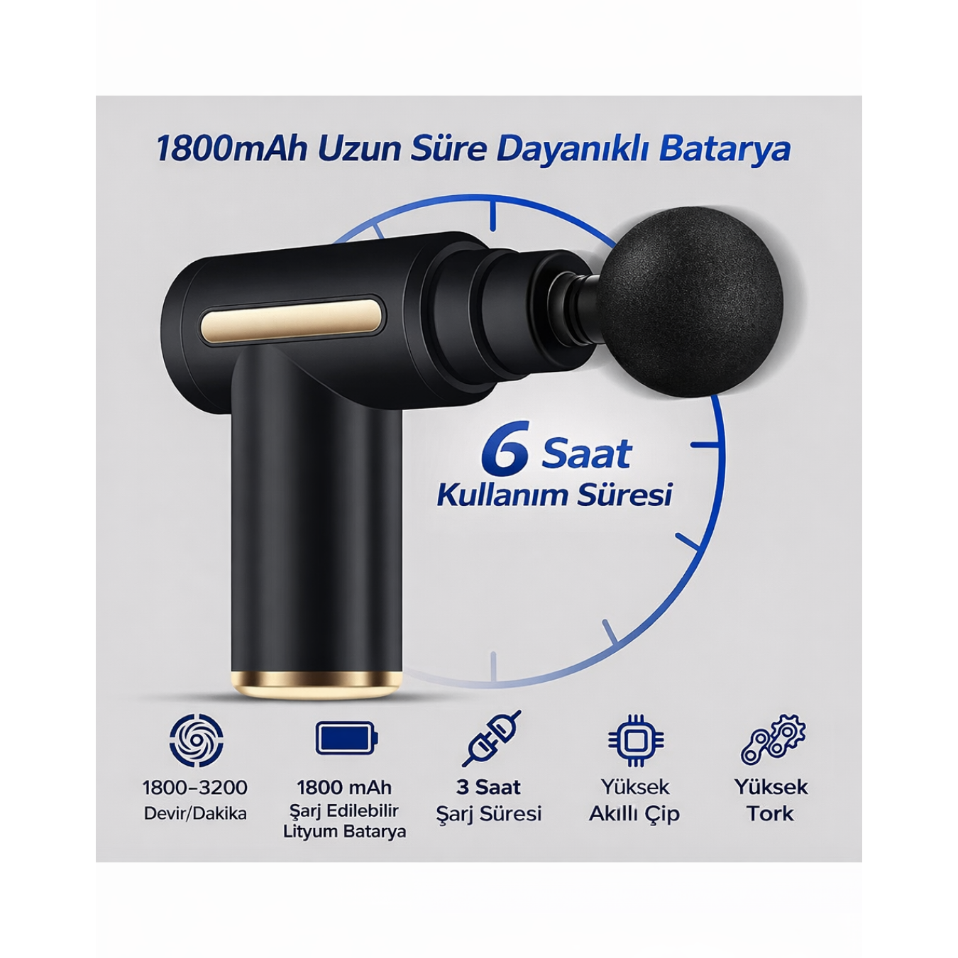 Smmayling 4 başlıklı şarjlı masaj tabancası, ergonomik tasarımlı ve farklı masaj başlıklarıyla rahatlatıcı kullanım için.