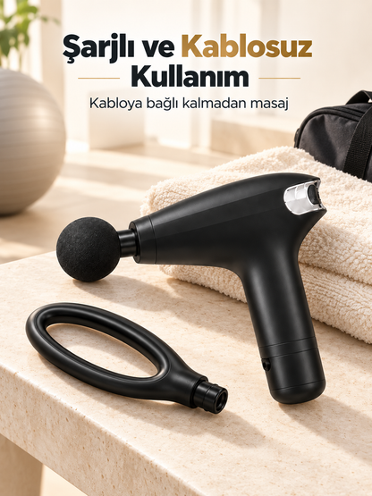 Şarjlı Masaj Tabancası 30 W 8 Kademeli H Modlu LCD Ekranlı 4 Başlıklı Uzatma Saplı Type-C Siyah