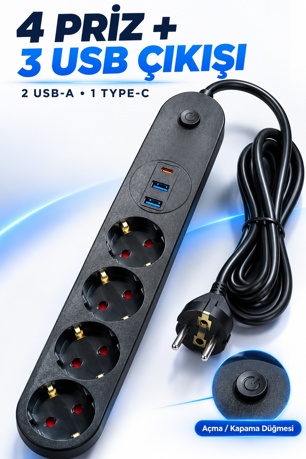 4’lü Topraklı Çoklu Priz 2 USB-A ve 1 Type-C Çıkışlı Açma Kapama Düğmeli Kablolu Uzatma Prizi Siyah
