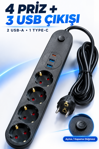 4’lü Topraklı Çoklu Priz 2 USB-A ve 1 Type-C Çıkışlı Açma Kapama Düğmeli Kablolu Uzatma Prizi Siyah