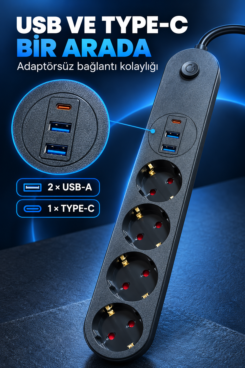 4’lü Topraklı Çoklu Priz 2 USB-A ve 1 Type-C Çıkışlı Açma Kapama Düğmeli Kablolu Uzatma Prizi Siyah