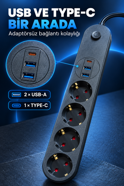 4’lü Topraklı Çoklu Priz 2 USB-A ve 1 Type-C Çıkışlı Açma Kapama Düğmeli Kablolu Uzatma Prizi Siyah