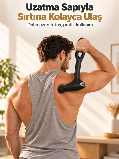 Şarjlı Masaj Tabancası 30 W 8 Kademeli H Modlu LCD Ekranlı 4 Başlıklı Uzatma Saplı Type-C Siyah
