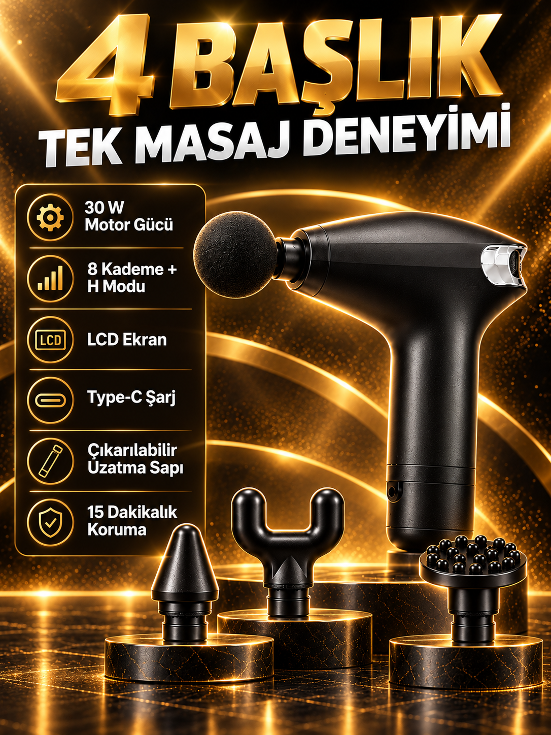 Şarjlı Masaj Tabancası 30 W 8 Kademeli H Modlu LCD Ekranlı 4 Başlıklı Uzatma Saplı Type-C Siyah