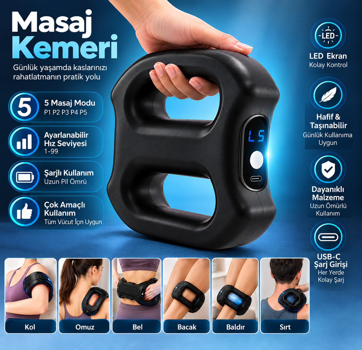 Şarjlı Masaj Kemeri – 5 Masaj Modu, Ayarlanabilir Hız, USB-C Şarjlı