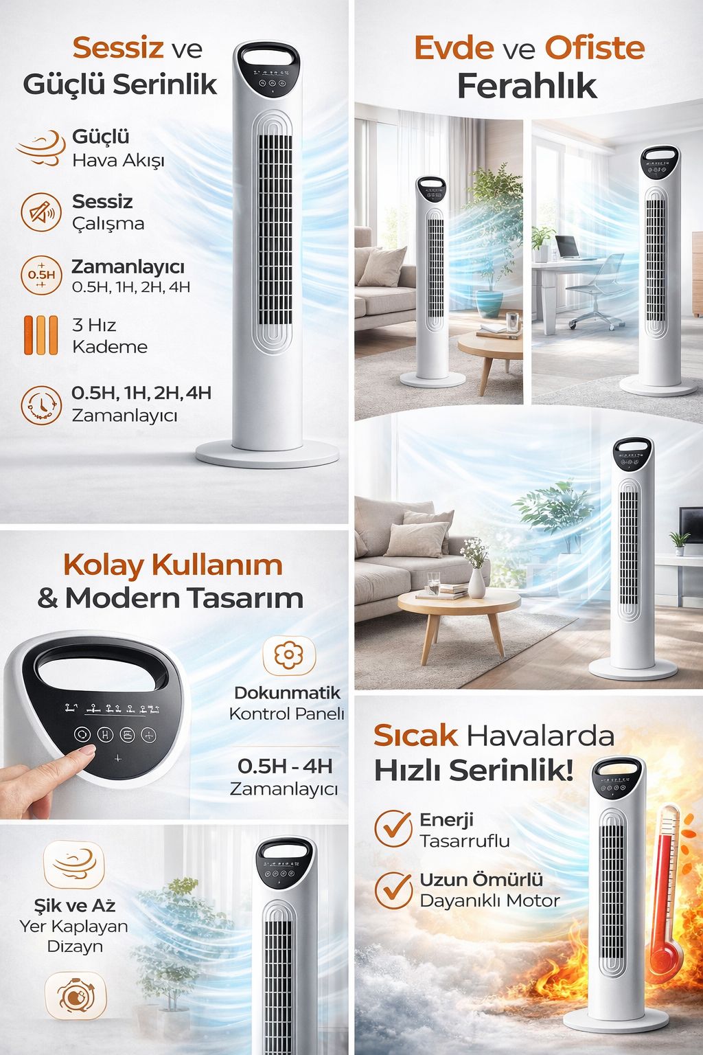 Smayling 80 cm sessiz kule vantilatör, uzaktan kumandalı, 3 hız ve salınım özelliğiyle taşınabilir ve modern tasarım.