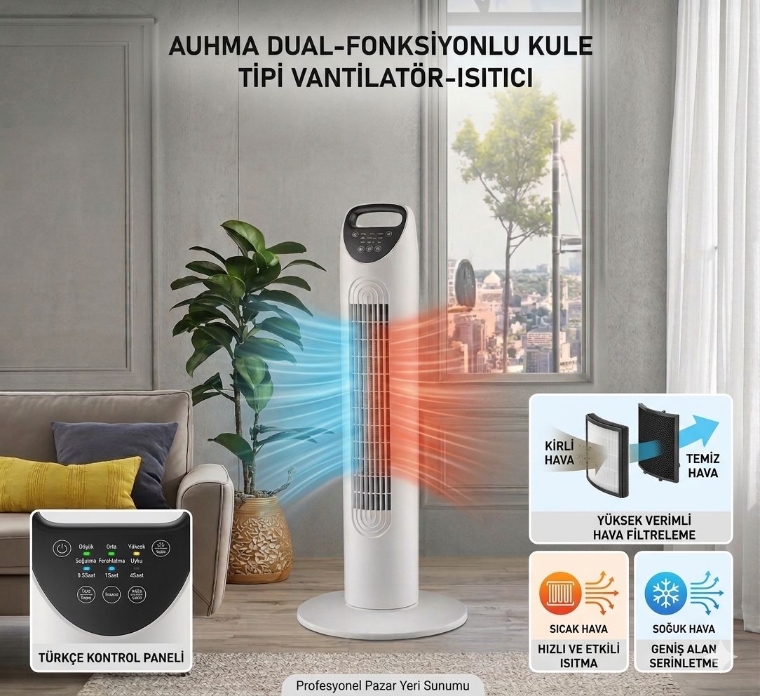Smayling 80 cm sessiz kule vantilatör, uzaktan kumandalı, 3 hız ve salınım fonksiyonlarıyla taşınabilir ve modern tasarım.