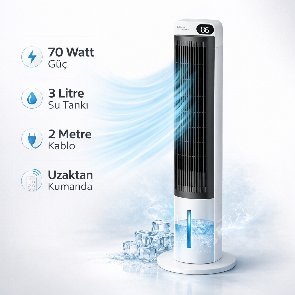Smmayling sessiz kule tipi hava soğutucu vantilatör, 70W, 3L su tankı ve uzaktan kumandalı, zamanlayıcı özellikli.