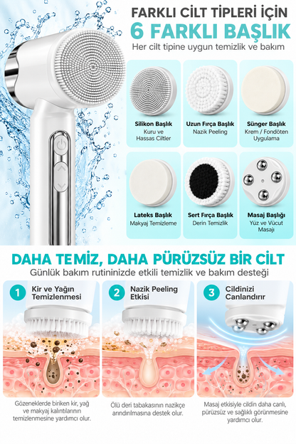 Şarjlı Elektrikli Yüz Temizleme Cihazı 6 Başlıklı 15 Kademeli Cilt Bakım ve Masaj Aleti