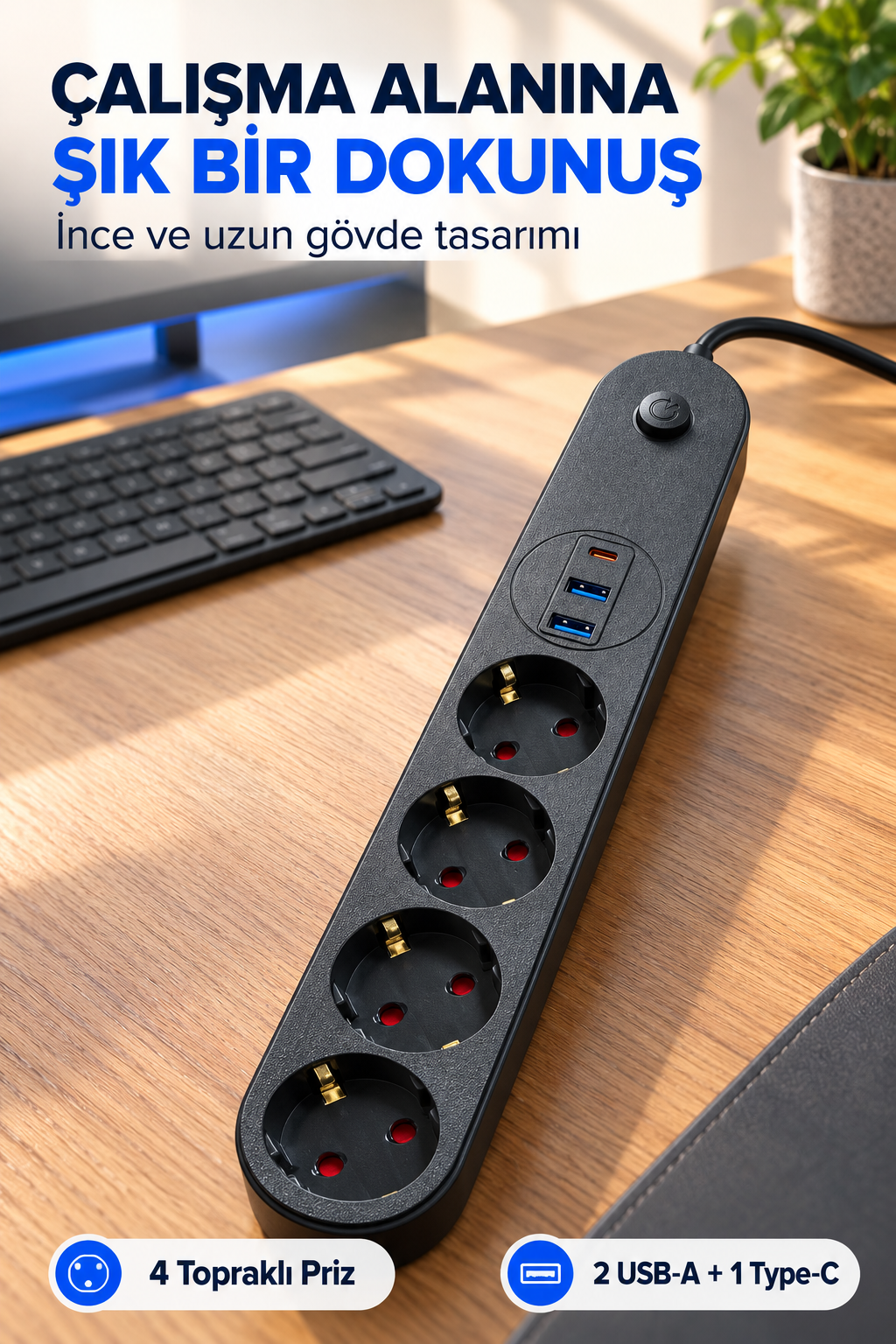 4’lü Topraklı Çoklu Priz 2 USB-A ve 1 Type-C Çıkışlı Açma Kapama Düğmeli Kablolu Uzatma Prizi Siyah