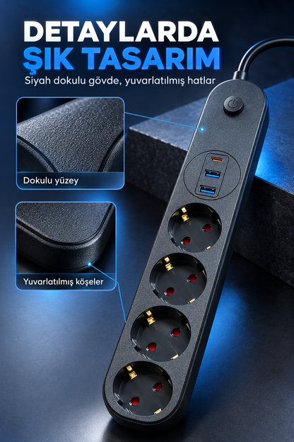 4’lü Topraklı Çoklu Priz 2 USB-A ve 1 Type-C Çıkışlı Açma Kapama Düğmeli Kablolu Uzatma Prizi Siyah