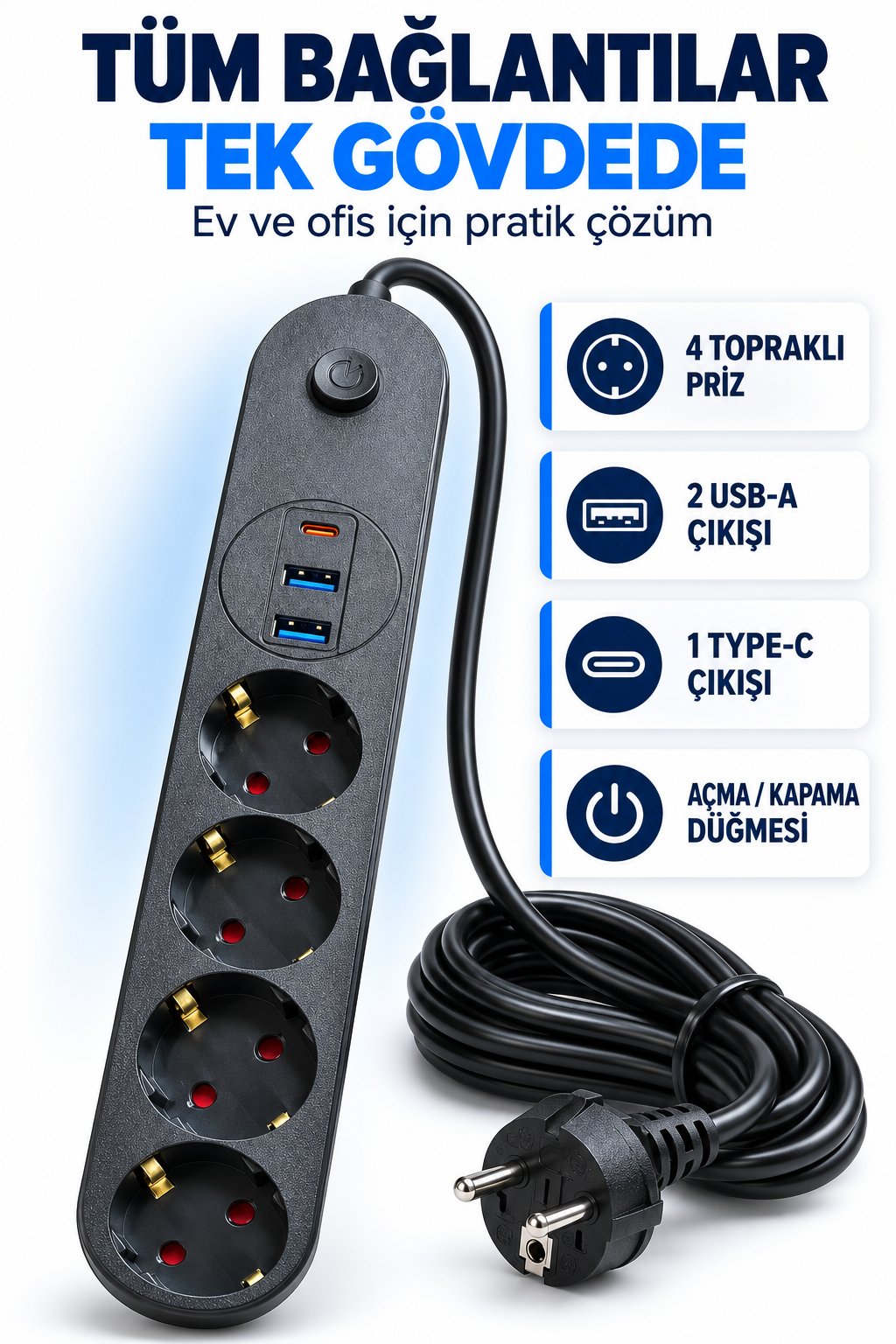 4’lü Topraklı Çoklu Priz 2 USB-A ve 1 Type-C Çıkışlı Açma Kapama Düğmeli Kablolu Uzatma Prizi Siyah