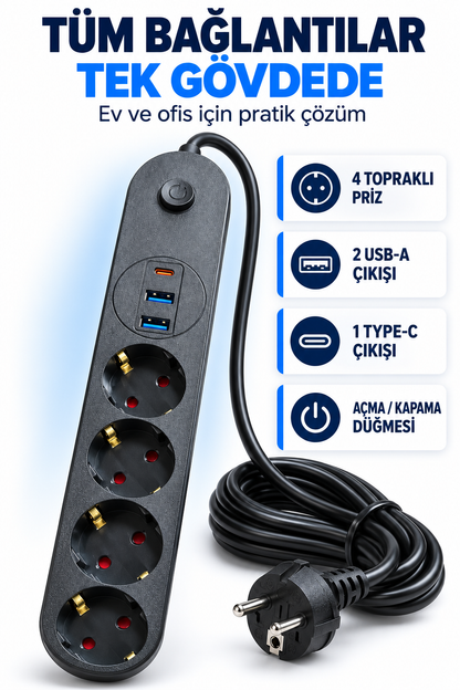 4’lü Topraklı Çoklu Priz 2 USB-A ve 1 Type-C Çıkışlı Açma Kapama Düğmeli Kablolu Uzatma Prizi Siyah