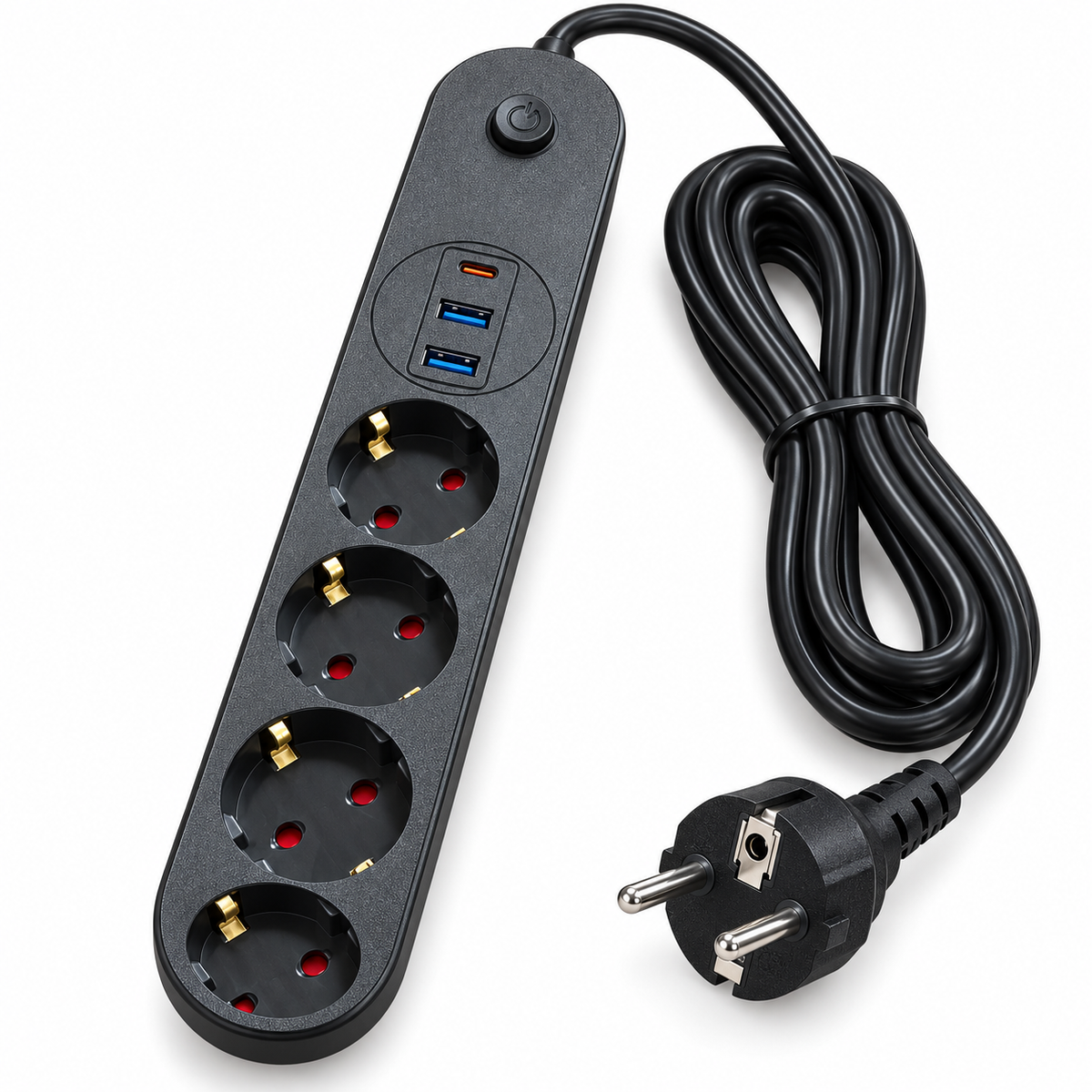 4’lü Topraklı Çoklu Priz 2 USB-A ve 1 Type-C Çıkışlı Açma Kapama Düğmeli Kablolu Uzatma Prizi Siyah