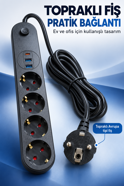 4’lü Topraklı Çoklu Priz 2 USB-A ve 1 Type-C Çıkışlı Açma Kapama Düğmeli Kablolu Uzatma Prizi Siyah