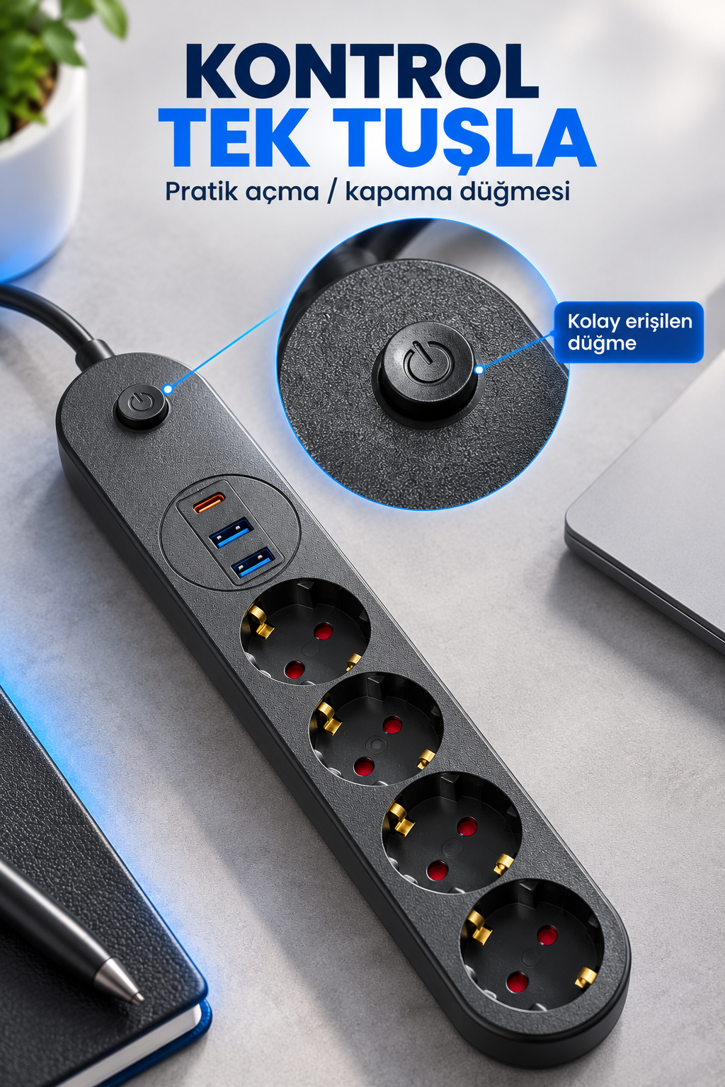 4’lü Topraklı Çoklu Priz 2 USB-A ve 1 Type-C Çıkışlı Açma Kapama Düğmeli Kablolu Uzatma Prizi Siyah