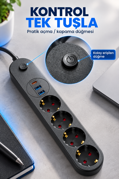 4’lü Topraklı Çoklu Priz 2 USB-A ve 1 Type-C Çıkışlı Açma Kapama Düğmeli Kablolu Uzatma Prizi Siyah