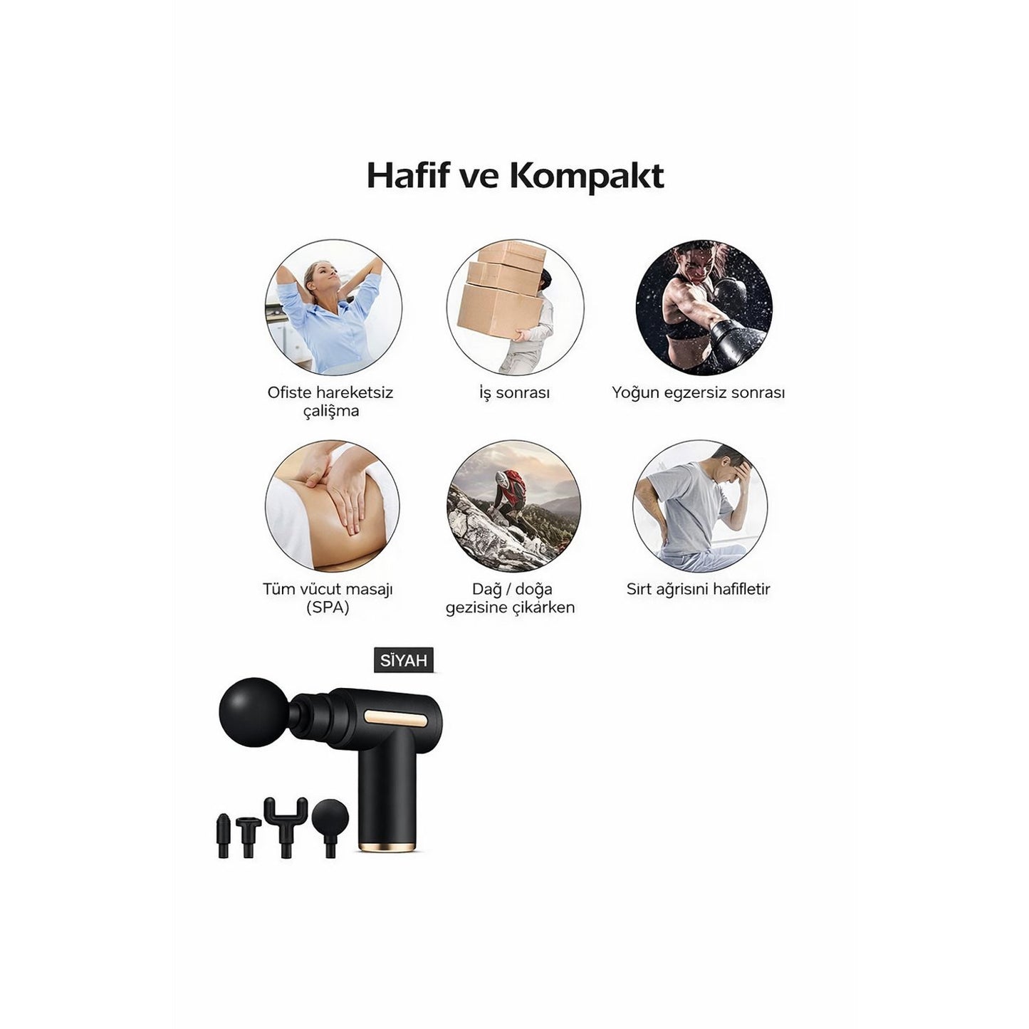Smmayling 4 başlıklı şarjlı masaj tabancası, ergonomik tasarıma sahip, farklı masaj başlıklarıyla rahatlatıcı kullanım sağlar