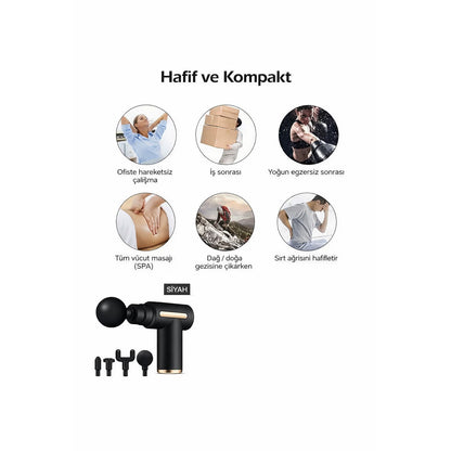 Smmayling 4 başlıklı şarjlı masaj tabancası, ergonomik tasarıma sahip, farklı masaj başlıklarıyla rahatlatıcı kullanım sağlar