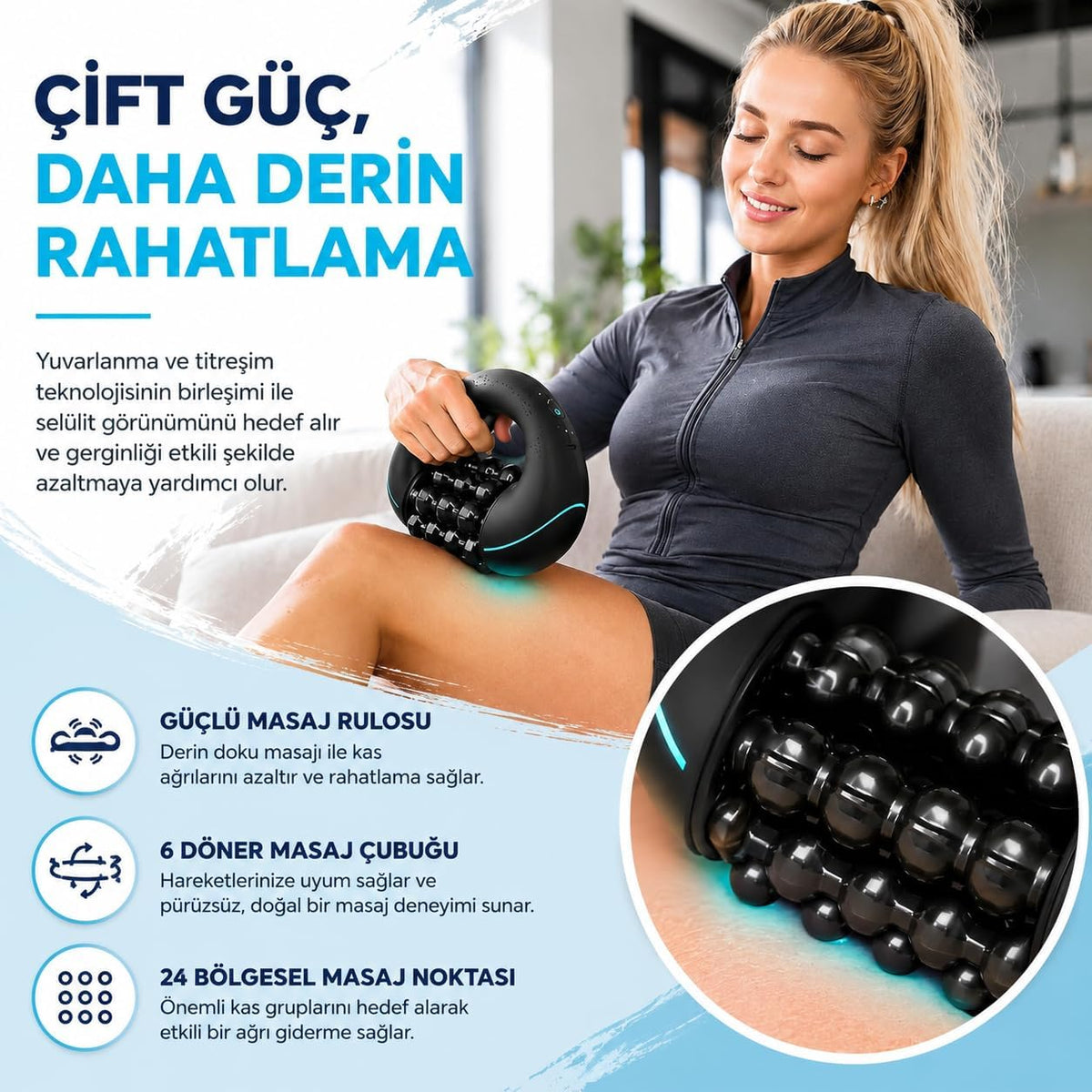 360° Elektrikli Roller Masaj Aleti – 3 Kademeli Derin Masaj