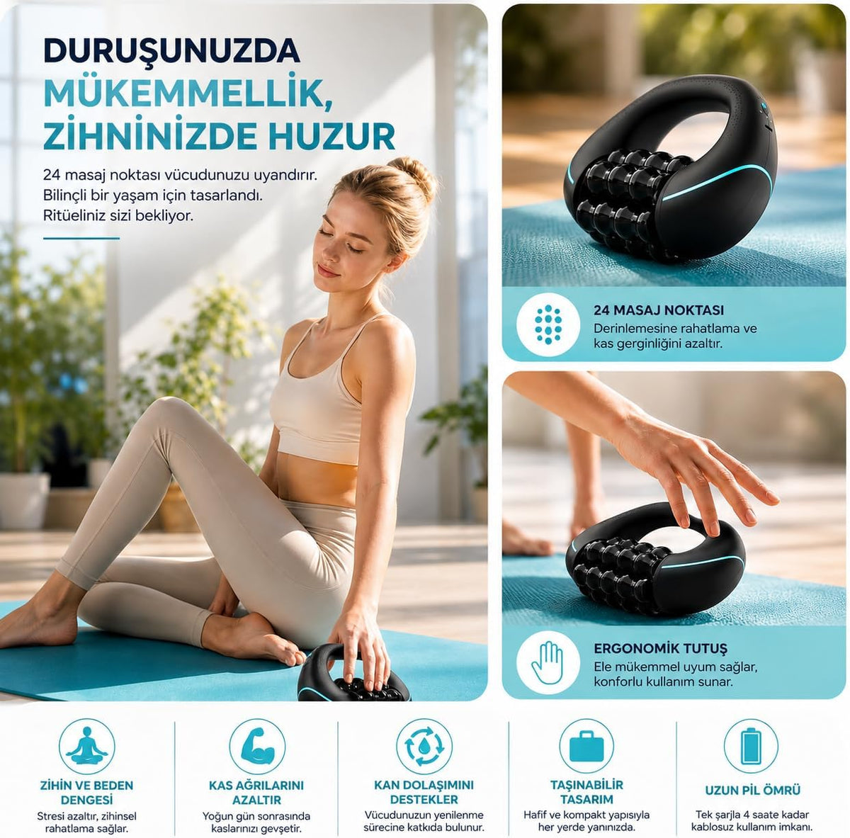 360° Elektrikli Roller Masaj Aleti – 3 Kademeli Derin Masaj