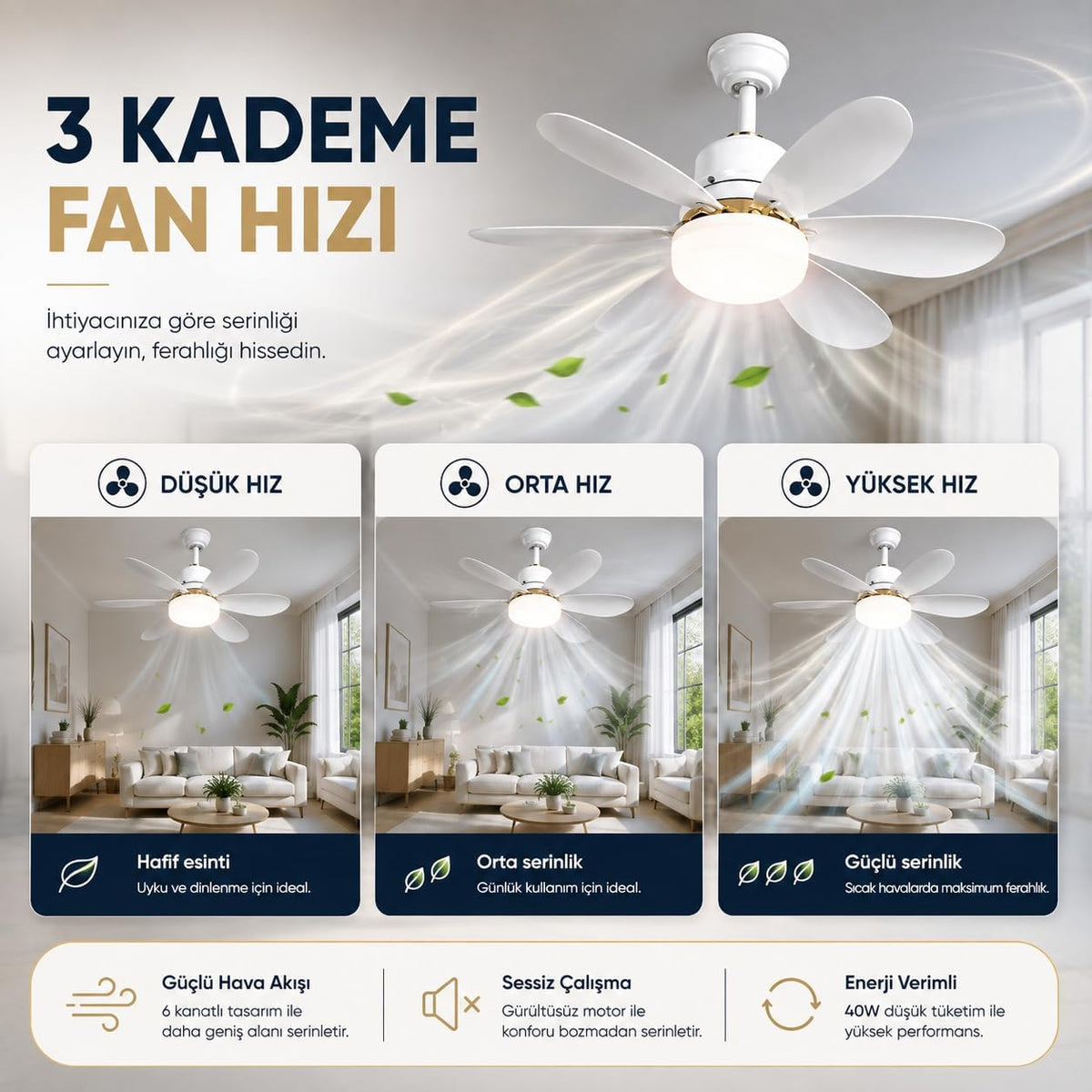 Kumandalı Tavan Vantilatörü ve Aydınlatma - 3 Renk Işıklı, Sessiz Tasarım