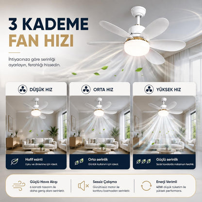Kumandalı Tavan Vantilatörü ve Aydınlatma - 3 Renk Işıklı, Sessiz Tasarım