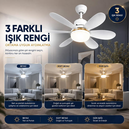 Kumandalı Tavan Vantilatörü ve Aydınlatma - 3 Renk Işıklı, Sessiz Tasarım
