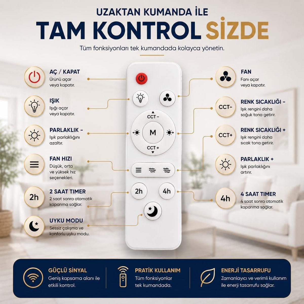 Kumandalı Tavan Vantilatörü ve Aydınlatma - 3 Renk Işıklı, Sessiz Tasarım