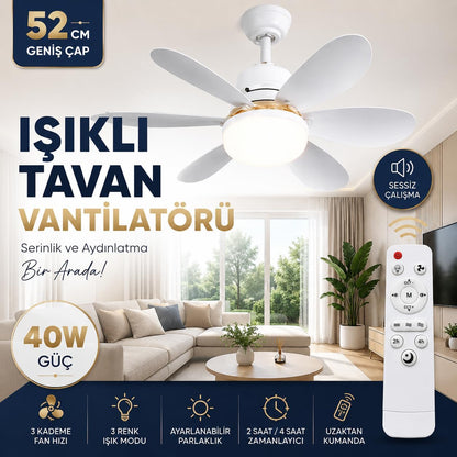 Kumandalı Tavan Vantilatörü ve Aydınlatma - 3 Renk Işıklı, Sessiz Tasarım